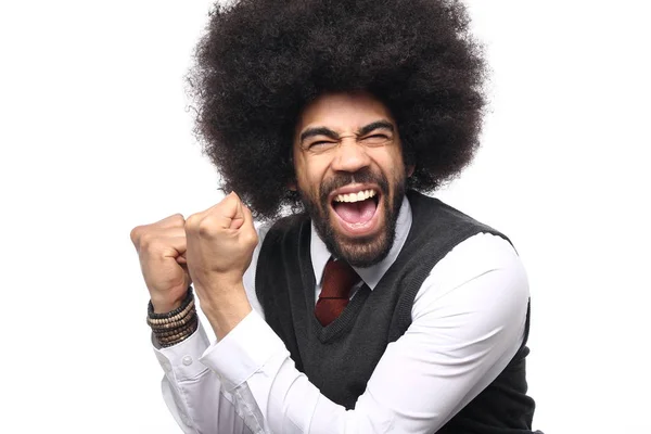 Happy Afro Man Front White Background — Stock Photo, Image