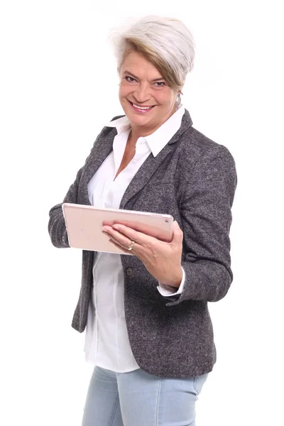 Blonde Woman Using Tablet — Stock Photo, Image