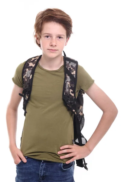 Vacker Tonårig Pojke Med Skolväska — Stockfoto