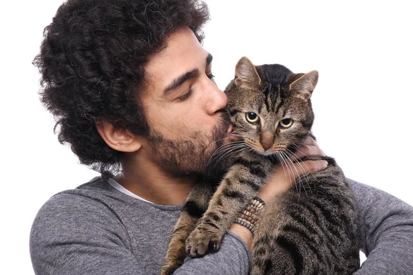 Gelukkig Afro Amerikaanse Man Die Houden Van Een Kat — Stockfoto