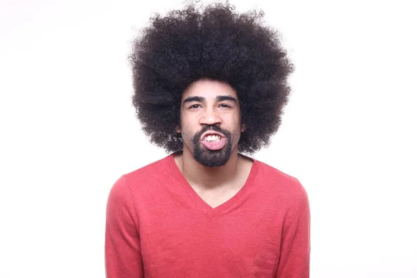 Homem Afro Emocional Frente Fundo Branco — Fotografia de Stock