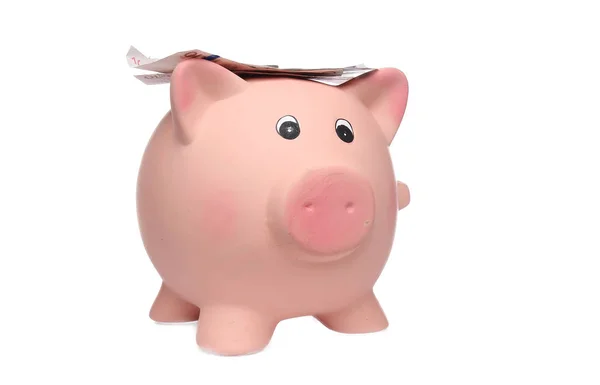 Banco Piggy Notas Euro Sobre Fundo Branco — Fotografia de Stock