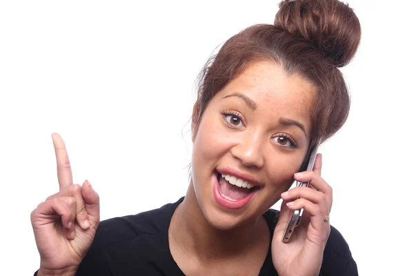 Menina Caucasiana Está Falando Telefone Móvel — Fotografia de Stock