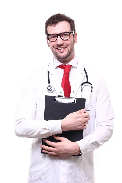 Αρσενικό Γιατρός Φορώντας Ειδική Στολή Στηθοσκόπιο Και Πρόχειρο — Φωτογραφία Αρχείου