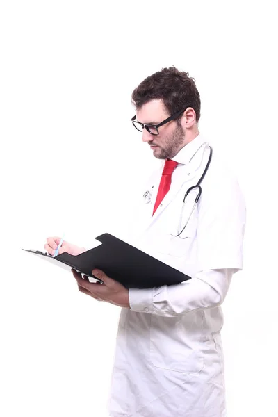 Médico Masculino Vestindo Uniforme Especial Com Estetoscópio Prancheta — Fotografia de Stock