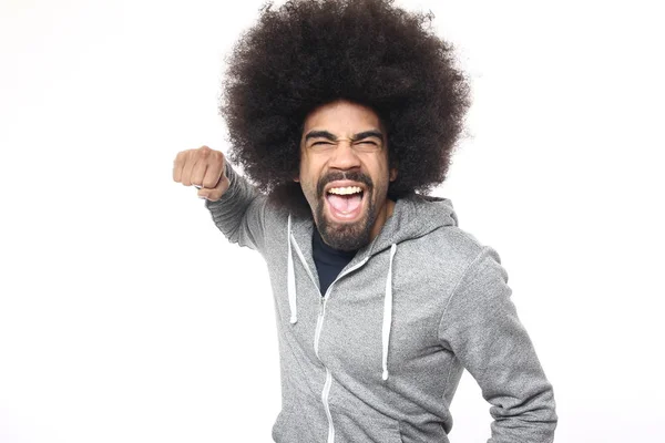 Homem Afro Emocional Frente Fundo Branco — Fotografia de Stock