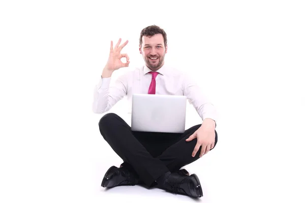 Beyaz Adam Dizüstü Bilgisayar Kullanan Işaret Gösteren — Stok fotoğraf
