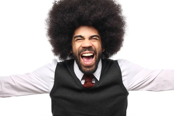 Щасливий Афро Людина Перед Білим Тлом — стокове фото