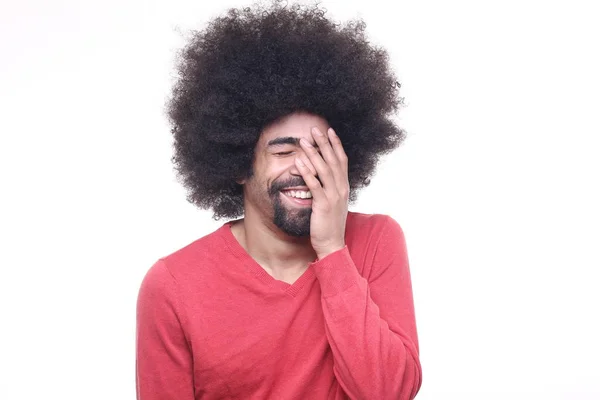 Afro Hombre Emocional Delante Fondo Blanco — Foto de Stock
