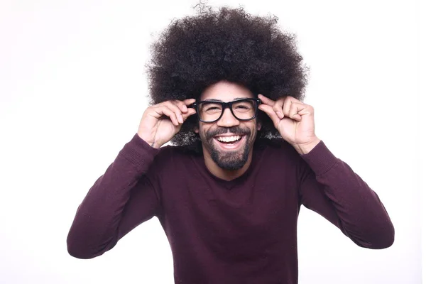 Afro Amerikai Férfi Szemüveg Pózol Fehér Háttér — Stock Fotó