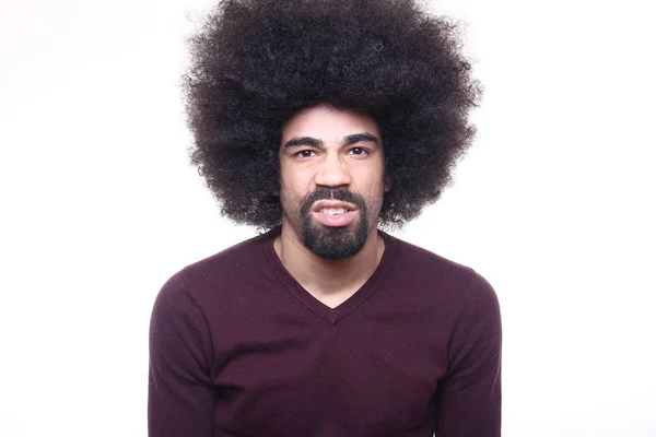 Elégedetlen Afro Amerikai Ember Pózol Fehér Háttér — Stock Fotó