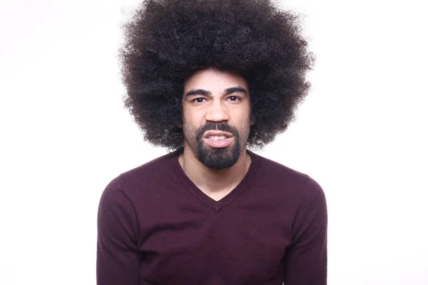 Insatisfeito Afro Americano Homem Posando Fundo Branco — Fotografia de Stock