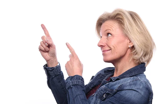 Old Caucasian Woman Pointing Something — Stock Photo, Image