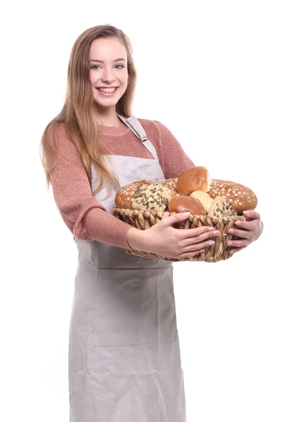 Piękna Dziewczyna Kaukaski Trzyma Kosz Chlebów — Zdjęcie stockowe