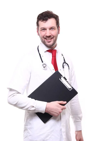 Médico Masculino Vestindo Uniforme Especial Com Estetoscópio Prancheta — Fotografia de Stock