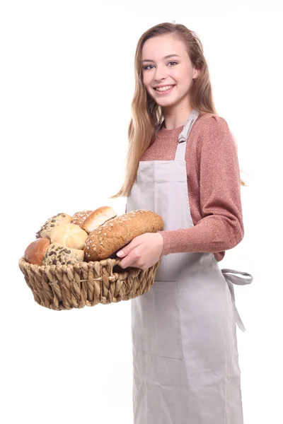 Piękna Dziewczyna Kaukaski Trzyma Kosz Chlebów — Zdjęcie stockowe