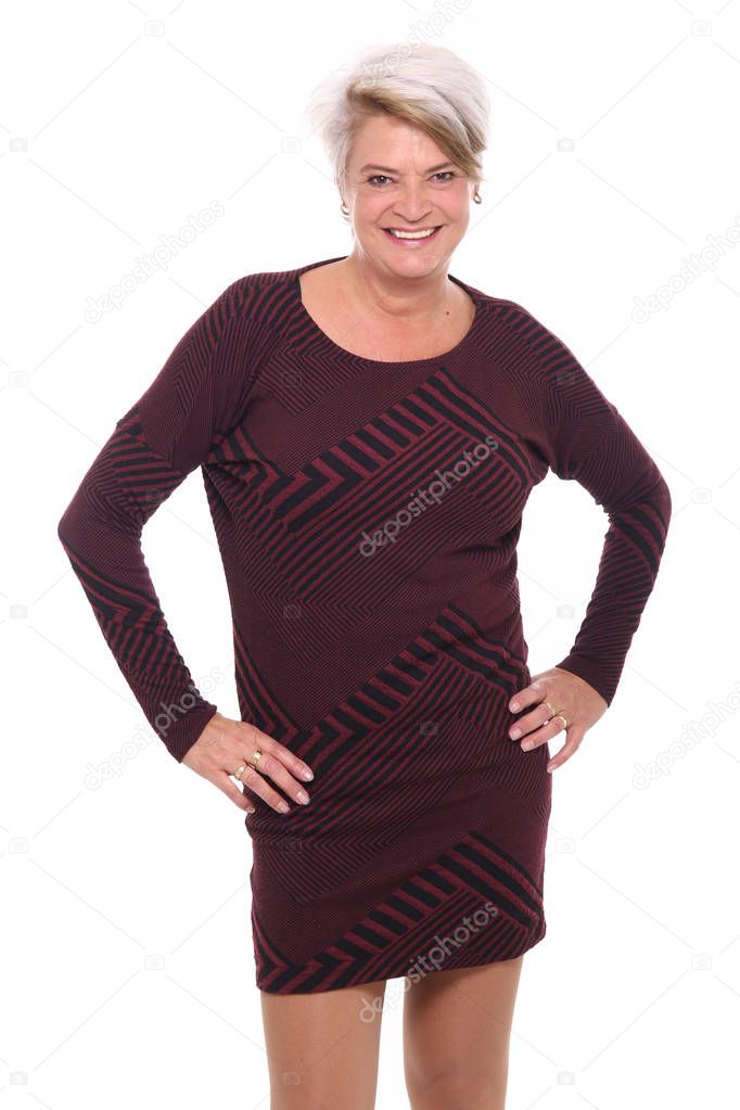 Happy blonde woman on white background