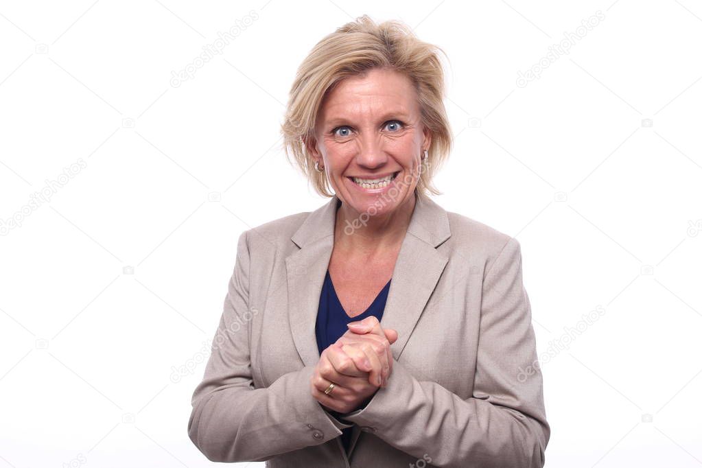 Old caucasian woman is smiling