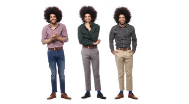 Beyaz arka planda farklı pozlar Afro-Amerikan adam