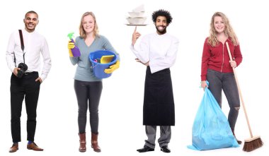 Beyaz arka planda farklı mesleklere sahip kişiler