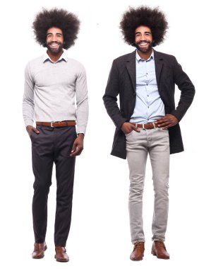 Beyaz arka planda farklı pozlar Afro-Amerikan adam