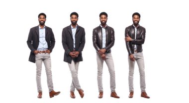 Beyaz arka planda farklı pozlar Afro-Amerikan adam