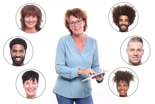 Adult Woman Using Tablet Set Interracial People — Stock Photo, Image