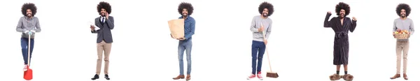 Homem Afro Americano Diferentes Poses Com Objetos Variedade — Fotografia de Stock