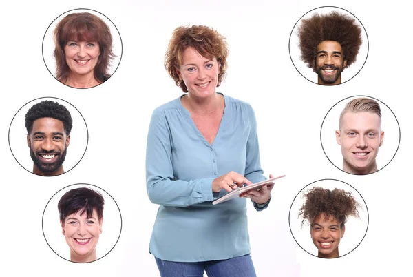 Adult Woman Using Tablet Set Interracial People — Stock Photo, Image