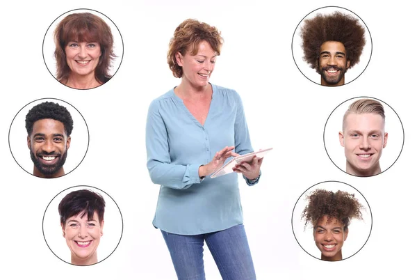 Adult Woman Using Tablet Set Interracial People — Stock Photo, Image