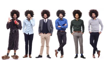 Beyaz arka planda farklı pozlar Afro-Amerikan adam