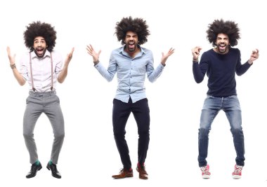 Beyaz arka planda farklı pozlar Afro-Amerikan adam