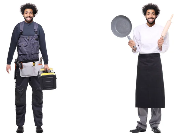 Κολάζ Μαύρο Άνδρα Διαφορετικά Επαγγέλματα Εστιατόριο Cook Και Μηχανικός Εργαζόμενος — Φωτογραφία Αρχείου
