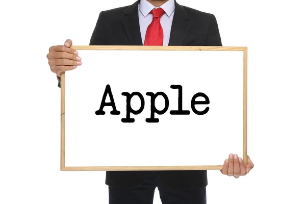 Empresario Está Sosteniendo Pizarra Con Palabra Apple — Foto de Stock