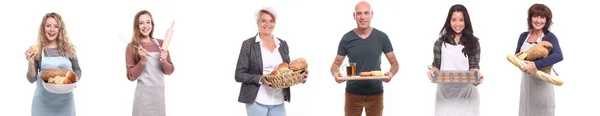 Menschen Mit Unterschiedlichem Essen Auf Weißem Hintergrund — Stockfoto