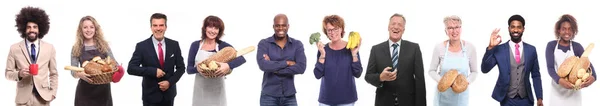 Menschen Mit Unterschiedlichem Essen Auf Weißem Hintergrund — Stockfoto