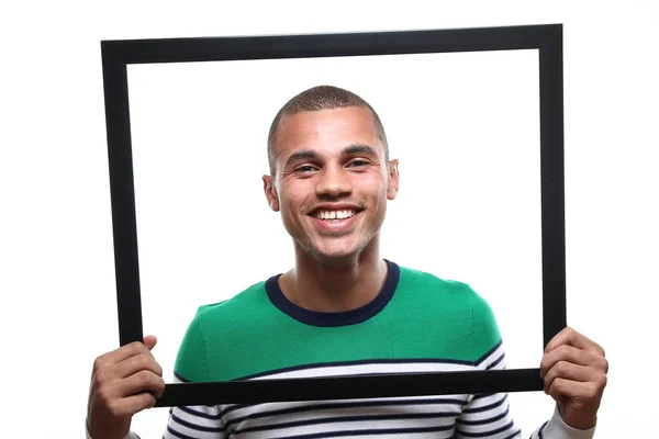 Sonriente Hombre Negro Con Marco Grande —  Fotos de Stock