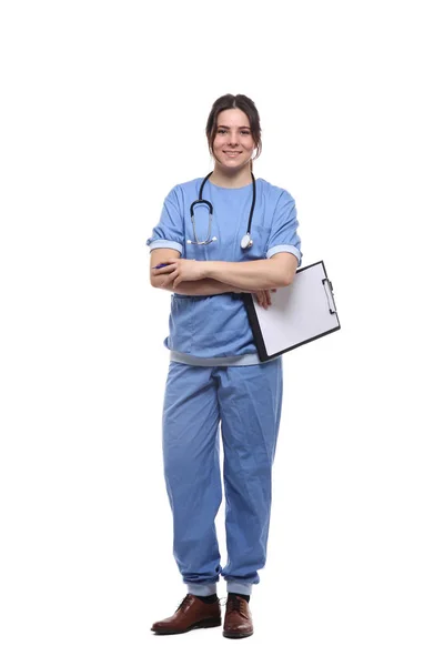 Kaukasiska Kvinnliga Läkare Medicinsk Uniform Med Stetoskop Och Urklipp — Stockfoto