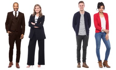 Çok ırklı insanlar kümesi beyaz arka plan üzerinde poz