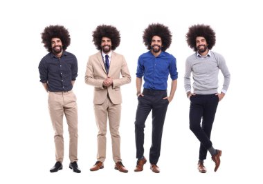 Beyaz arka planda farklı pozlar Afro-Amerikan adam