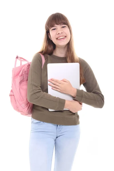 Gadis Sekolah Remaja Yang Cantik Dengan Komputer Tablet — Stok Foto