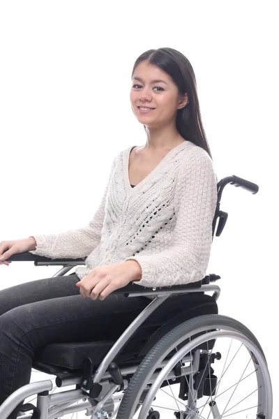 Joven Asiática Mujer Silla Ruedas Sonriente — Foto de Stock