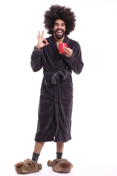 Man Pyjama Weergegeven Ondertekenen Witte Achtergrond — Stockfoto