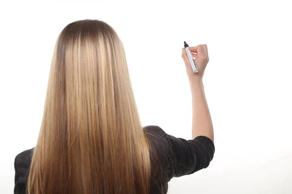 Junges Blondes Mädchen Schreibt Etwas Mit Einem Stift — Stockfoto