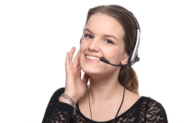 Hermosa Joven Con Auriculares Operador Call Center — Foto de Stock