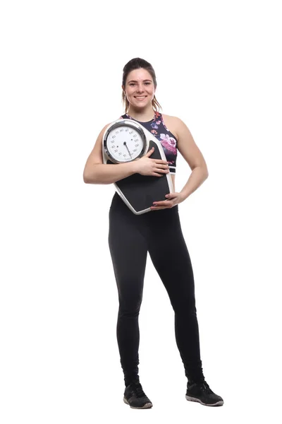 Junge Sportlerin Hält Gewichtswaage — Stockfoto