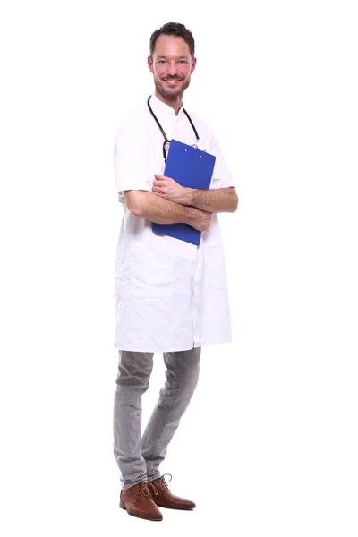 Αρσενικό Γιατρός Φορώντας Ειδική Στολή Στηθοσκόπιο Και Πρόχειρο — Φωτογραφία Αρχείου