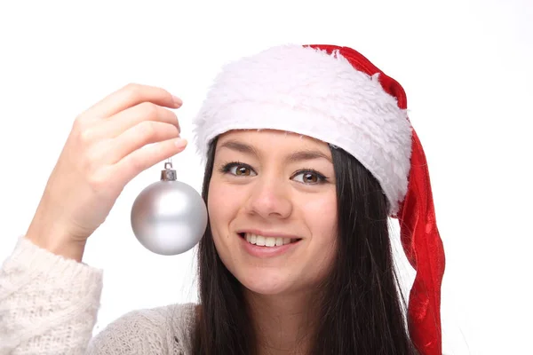 Glad Ung Asiatisk Flicka Klädd Jul Hatt Och Innehav Boll — Stockfoto