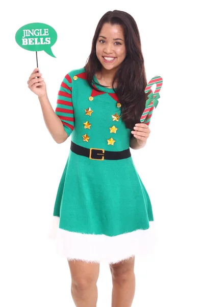 Schönes Mädchen Mit Jingle Bells Zeichen — Stockfoto