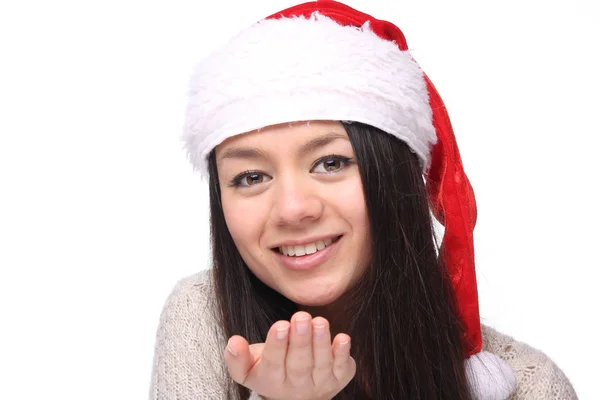 Giovane Ragazza Asiatica Indossa Cappello Natale Sta Mostrando Aria Bacio — Foto Stock